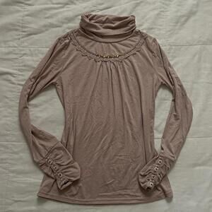 Axes Femme Soft pink brown long sleeve turtleneck blouse lace trim beads